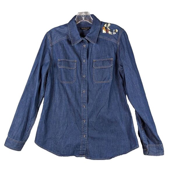 Pendleton Button Up Jean Jacket Women's M Floral Embroidered‎ Embellish Western - Picture 1 of 9